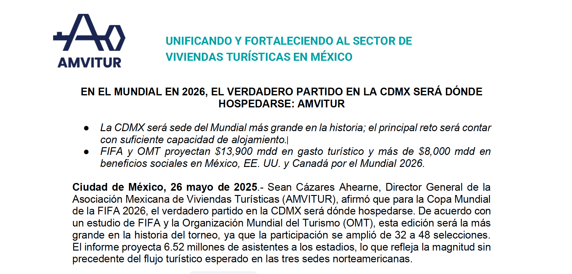 EN EL MUNDIAL EN 2026, EL VERDADERO PARTIDO EN LA CDMX SERÁ DÓNDE HOSPEDARSE: AMVITUR
